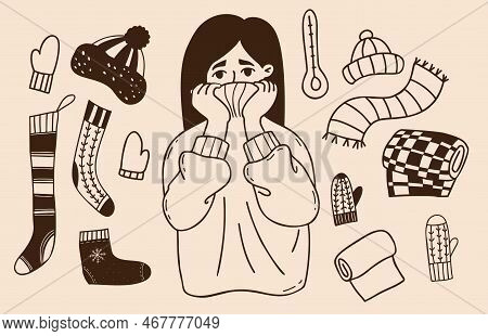 Winter Doodle Collection. Woman Freezing Wearing Wrapped In Warm Sweater And Shivering. Next To Knit