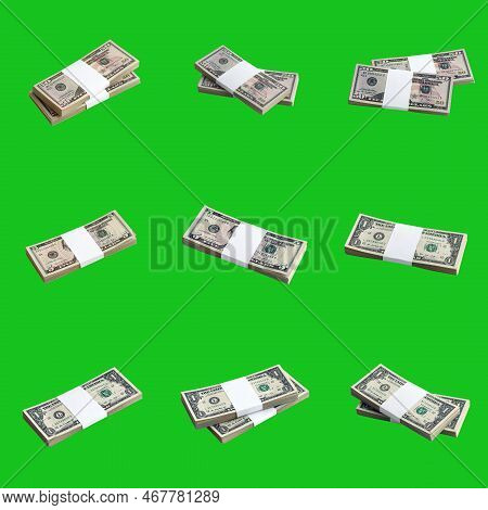 Big Set Of Bundles Of Us Dollar Bills Isolated On Chroma Key Green. Collage With Many Packs Of Ameri