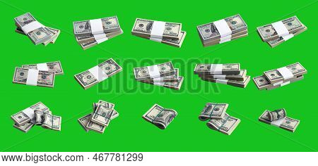 Big Set Of Bundles Of Us Dollar Bills Isolated On Chroma Key Green. Collage With Many Packs Of Ameri