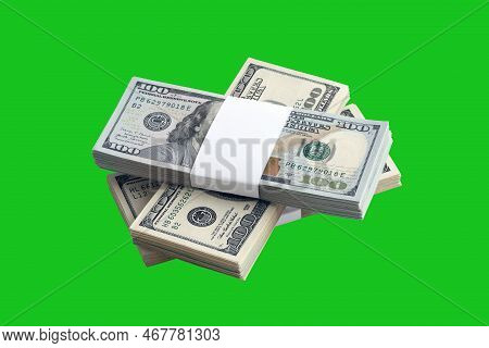 Bundle Of Us Dollar Bills Isolated On Chroma Keyer Green. Pack Of American Money With High Resolutio