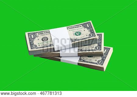 Bundle Of Us Dollar Bills Isolated On Chroma Keyer Green. Pack Of American Money With High Resolutio