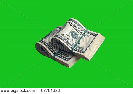 Bundle Of Us Dollar Bills Isolated On Chroma Keyer Green. Pack Of American Money With High Resolutio
