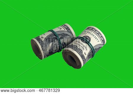 Bundle Of Us Dollar Bills Isolated On Chroma Keyer Green. Pack Of American Money With High Resolutio