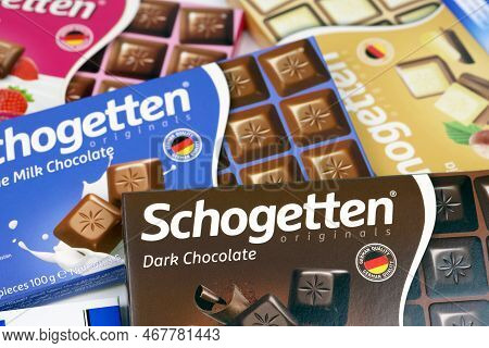 Kharkiv, Ukraine - December 18, 2020: Schogetten Chocolate Packs. Dark Chocolate Produced By Ludwig 