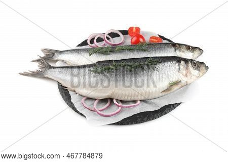 Slate Plate With Salted Herrings, Onion Rings, Dill And Cherry Tomatoes Isolated On White