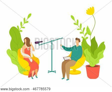 Broadcast Talkshow Record, People Work At Entertainment Media Vector Illustration. Flat Studio With 