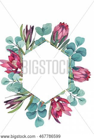 Hand Painted Watercolor Magenta Protea Flowers And Eucalyptus Frame With Golden Line
