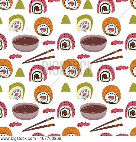 Vector Panasian Food Seamless Pattern With Asian Food Such As Japanese Sushi, Lotus Roots, Gingers, 