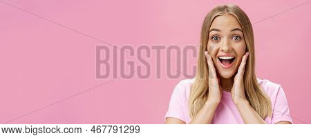 Woman Surprised To See Own Face Without Imperfactions Treating Acne Feeling Beautiful And Happy Touc