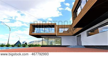 Nice Balconies Design. Facde Board Finishing. View To The Mountains Landscape. Red Brick Tile Paveme