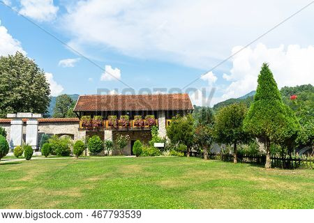 Inner Courtyard Of The Moraca Monastery. Serbian Orthodox Monastery Located In The Valley Of The Mor