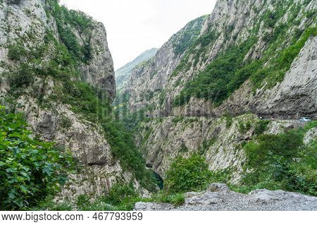 Narrow Mountain Gorge Plateau Or Canyon In Montenegro Between The Cities Of Podgorica And Kolasin. О