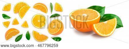 Orange With Leaves Isolated On White Background. Top View. Flat Lay
