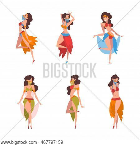 Beautiful Eastern Woman Dancing Belly Dance Vector Set