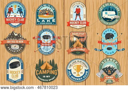 Camping And Ice Hockey Club Logo, Badge Embroidered Patch. Concept For Shirt Or Logo, Print, Stamp O