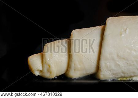 Uncooked Croissant On Tray In Electric Oven - Close Up Macro View. French Cuisine, Homemade Bakery, 