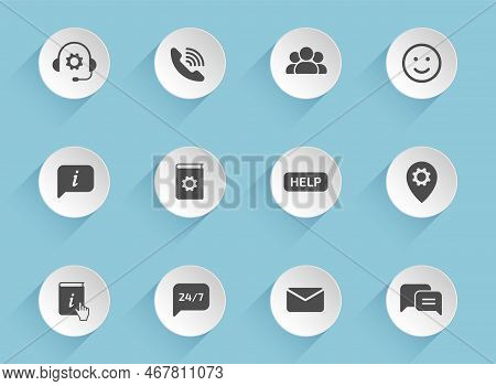 Support Vector Icons On Round Puffy Paper Circles With Transparent Shadows On Blue Background. Suppo