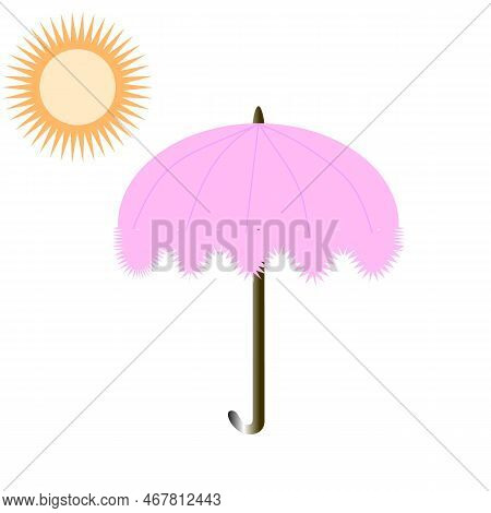 Vector Graphics. On A White Background, The Bright Sun And A Pink, Vintage Women's Umbrella With A L