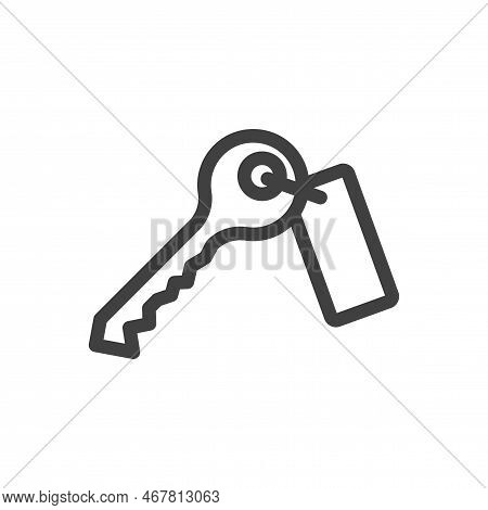 A Key Icon With A Tag. A Simple Linear Image Of A Key With Notches. Isolated Linear Vector On A Whit