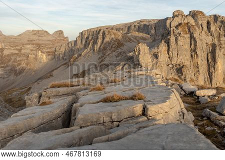Klausenpass, Uri, Switzerland, October 29, 2022 Fascinating Rock Shapes In The Alps At The Balmer Gr