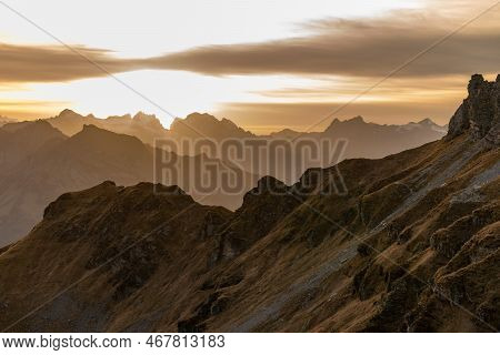 Klausenpass, Uri, Switzerland, October 29, 2022 Sunset With An Incredible Beautiful Alpine Panorama 