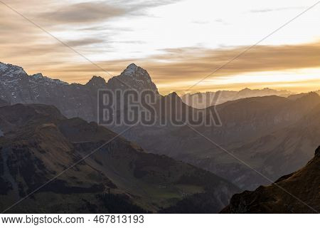 Klausenpass, Uri, Switzerland, October 29, 2022 Sunset With An Incredible Beautiful Alpine Panorama 