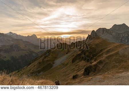 Klausenpass, Uri, Switzerland, October 29, 2022 Sunset With An Incredible Beautiful Alpine Panorama 