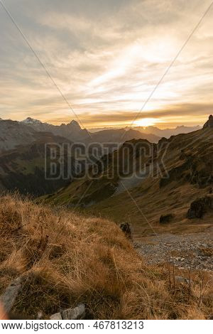 Klausenpass, Uri, Switzerland, October 29, 2022 Sunset With An Incredible Beautiful Alpine Panorama 