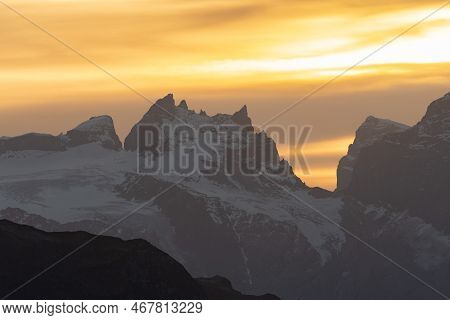 Klausenpass, Uri, Switzerland, October 29, 2022 Sunset With An Incredible Beautiful Alpine Panorama 