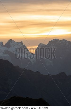 Klausenpass, Uri, Switzerland, October 29, 2022 Sunset With An Incredible Beautiful Alpine Panorama 