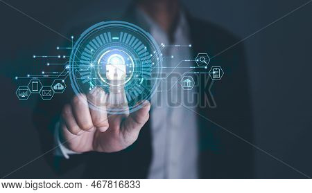 Cyber Security Concept, Data Protection And Secured Internet Access, Man Tuching Screen With Icon Gr
