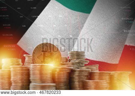 Kuwait Flag And Big Amount Of Golden Bitcoin Coins And Trading Platform Chart. Crypto Currency Conce