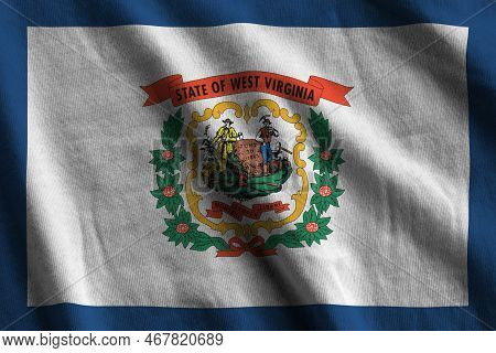 West Virginia Us State Flag With Big Folds Waving Close Up Under The Studio Light Indoors. The Offic
