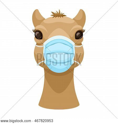 Camel In A Medical Mask Front View. Vector Illustration On The Theme Of Camel Flu And Coronavirus.