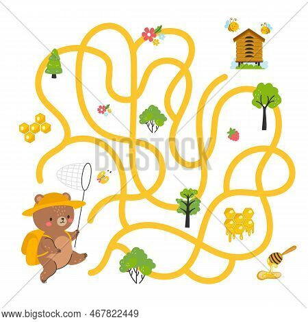 Children Maze Game, Kids Labyrinth. Path Finding Graphic Art For Kid Play. Forest Cartoon Bear Find 