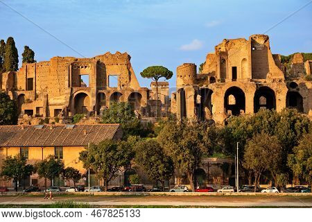 Rome, Italy - October 8, 2022: The Ancient Palace Domus Augustana On The Palatine Hill, View From Ci