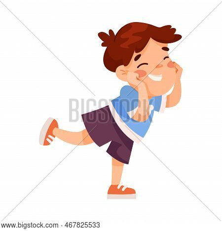 Funny Little Boy In Blue Sweatshirt Expressing Emotion Of Happiness Vector Illustration