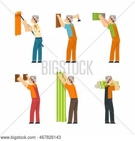 Man Worker In Overall Doing Maintenance Work Vector Set