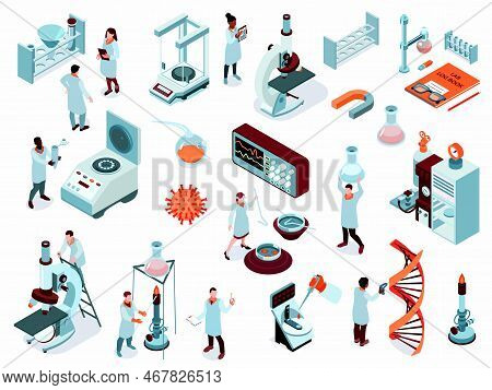 Isometric Science Laboratory Icon Set With Isolated Tools Equipments Scientists And Flacks Vector Il