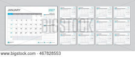 Monthly Calendar Template For 2027 Year, Planner 2027 Year, Week Starts On Sunday. Wall Calendar In 