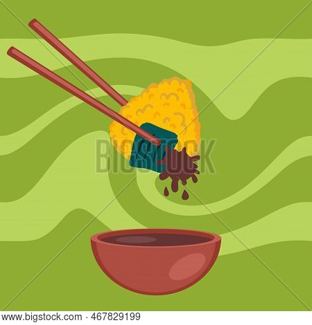 Yaki Onigiri Grilled Rice Ball With Soy Sauce And Chopsticks. Perfect For Tee, Stickers, Menu And St