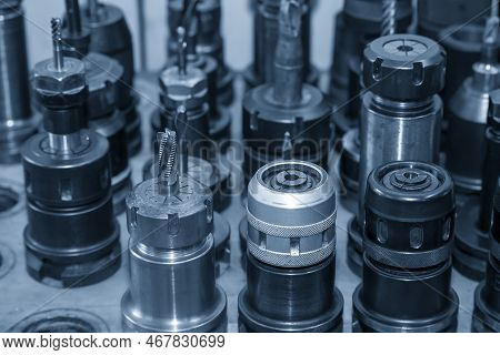 Close-up Scene The Group Of Used Cutting Tools For Cnc Milling Machine. The  Cutting  Tool For Machi