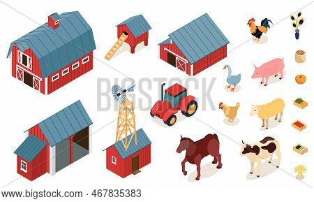 Farm Elements Isometric Set With Chicken Laying House Stall Barn Tractor Livestock Animals Pumpkin V