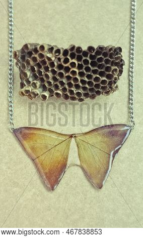 Close Up Butterfly Shaped Pendant With Leaves And Honeycombs Concept Photo. Top View Photography Wit