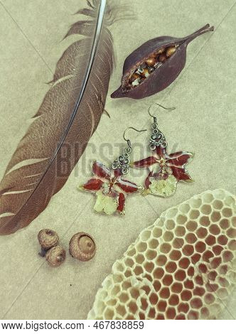 Close Up Composition With Floral Earrings And Natural Elements Concept Photo. Top View Photography W