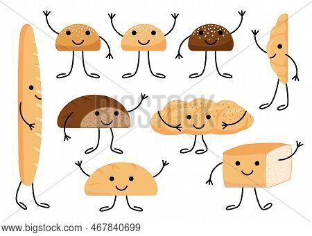 Bread Character With Face, Cute Eating Group. Tasty Kawaii Bakery Pastries, Cartoon Breads Set. Happ