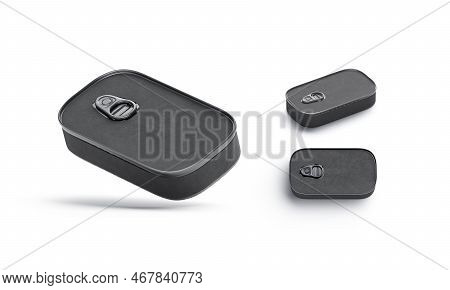 Blank Black Aluminum Sardine Conserve Can Label Mockup, Different Views, 3d Rendering. Empty Food Pr