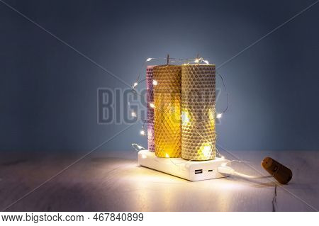 Candles, Power Bank, Led Lamps Girland. Blackout In Ukraine.