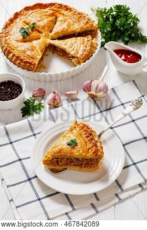 Sliced Ground Beef Meat Pie With A Flaky Puff Pastry Double Crust With Hearty Minced Beef Cooked Wit