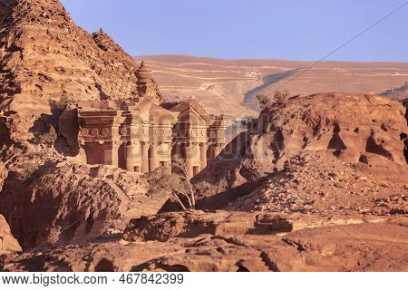 Ad Deir Monastery In The Ancient City Of Petra, Jordan Sunset Panoramic View, Unesco World Heritage 